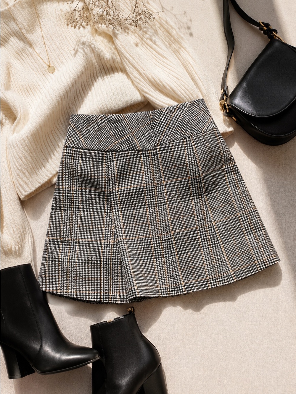 Altar'd State Black & Gray Plaid Pleated Mini Skirt with Subtle Tan Stripe - Picture 2 of 12